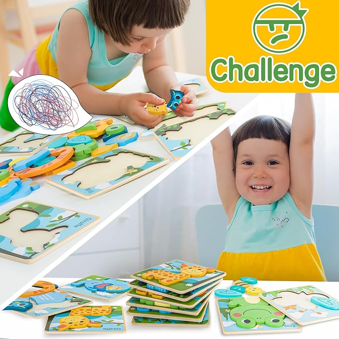 deli Wooden Toddler Puzzles, 6 Pcs Animals Puzzles for Toddler, Montessori Preschool Educational Learning Toys Make a Great Gifts for 1 2 3 4 5 Year Olds