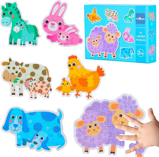FLYINGSEEDS 6 Packs Parent-Child Themed Wooden Jigsaw Puzzles for Toddlers Ages 1-3, Level-Up Puzzles for Beginner, Montessori Learning Toys Preschool Family Activity for Kids Ages 2-5