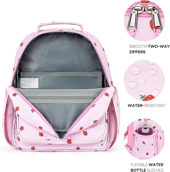 mibasies Girls Backpack 5-8: Lightweight Kids Backpacks for Girls - Girl Bookbag for Elementary School - Strawberry Light Pink