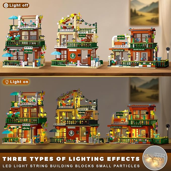 3 in 1 Coffee House Building Set with Light, 875 PCS City Cafe Shop Building Block Toy Architecture Construction Model for Adults Teens Kids Boys Girls Ages 8-12+
