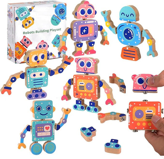 Wooden Snap Together Building Toys, STEM Blocks Toys, 28 Pcs Robot Take Apart Toys Playset, Montessori Educational Fine Motor Skill Toy, Gift for 3 4 5 6 7 8 Years Old Kids