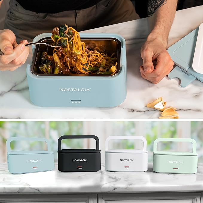 Nostalgia 32-Ounce Heated Electric Lunch Box – Travel Size 4 Cup Capacity for Soup, Pasta, and Leftovers – Leak-Proof Silicone Sealed Lid, Foldable Carry Handle, Detachable Cord – Chambray
