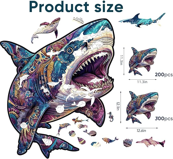 delobil Wooden Puzzles for Adults, Shark Jigsaw Puzzles 300 Pieces, Unique Shape Puzzles with Wooden Box, Family Game Gift, Fun Challenging Puzzles for Adults and Kids 13.4 x 13.5 Inch