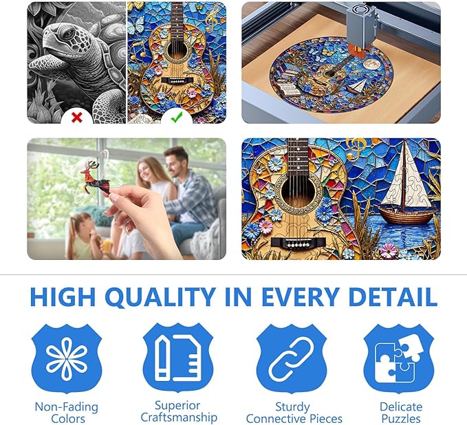 Wooden Puzzles for Adults, Stained Glass Guitar Wooden Jigsaw Puzzle for Adults, Music Books Wood Puzzles Adult, Unique Shape, Fun Presents for Friends, Wall Art Home Decor(S -8.5 * 8.4in-126 pcs)