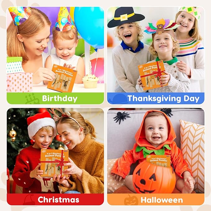 Wooden Puzzles for Toddlers 1-3: Animal Toddler Puzzles for 2-4 Years Old, Montessori Toys Learning Educational Chunky Puzzle, 4-in-1 Safari Animal Wooden Toys for Kids Baby Boys Girls Gifts