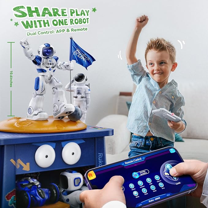 Ruko 6088 Programmable Robot with APP Control, Remote Control, Gesture Sensing Control, Rechargeable Robots Toys for Boys and Girls, Interactive LED Faces, QA Games for 3 4 5 6 Years Kids, Blue