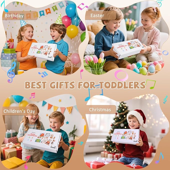 Baby Musical Instruments Set, Montessori Natural Wooden Percussion Instruments for Kids Preschool Educational Musical Toys Set with Wooden Puzzles for Toddlers 4-6, CPC Certified Music Toys