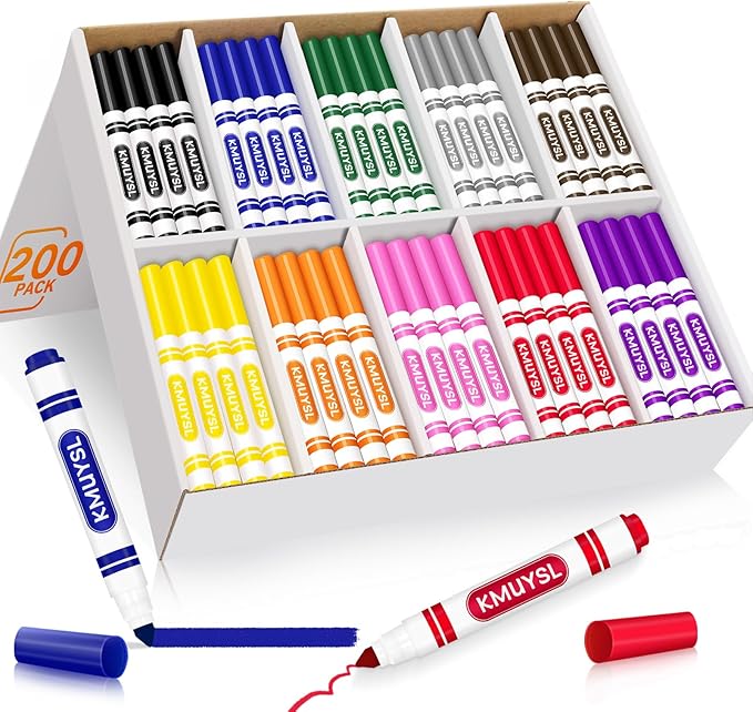 KMUYSL 200 Count Washable Markers Bulk, 10 Assorted Colors - Broad Line Conical Tip Coloring Markers for Kids, School Art Supplies & Back to School Supplies, Teacher Classroom Must Haves