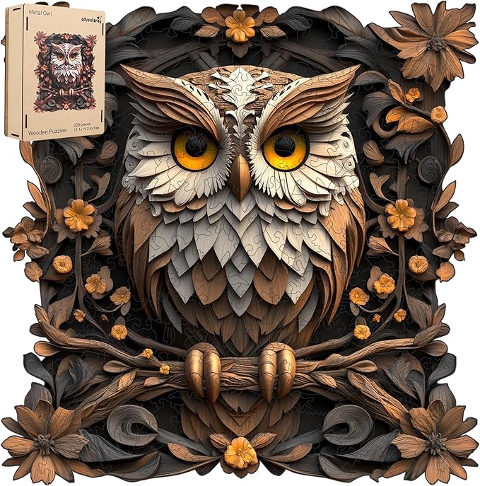 Wooden Puzzles for Adults, Metal Owl Jigsaw Puzzles 200 Pieces Unique Animal Adult Puzzles, Irregular Wood Puzzles Creative Gift for Adults and Kids Family Game (11.2x11.1 in)