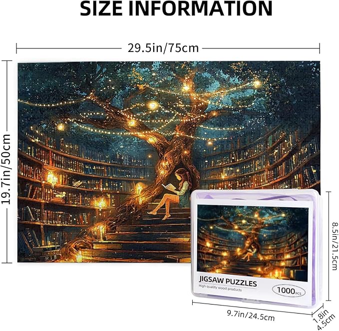 Library Book Puzzle Jigsaw Puzzles for Adults 1000 Pieces A Girl Sitting Under Bookshelf Puzzle Funny Puzzles for Friends Family Activity Game Nights