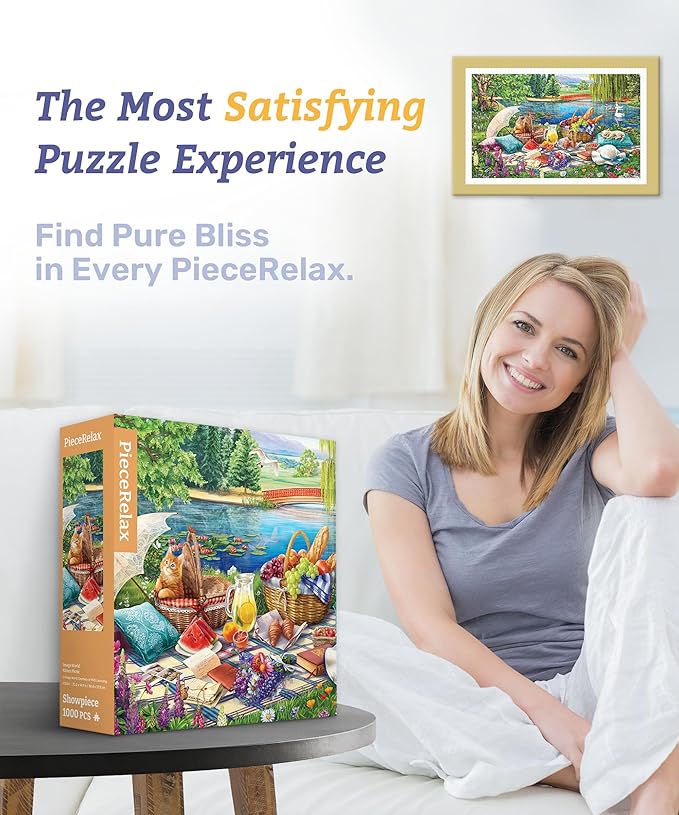PieceRelax Plastic Jigsaw Puzzles for Adults 1000 Pieces - Image World - Kitten Picnic Most Satisfying Table Games and Gifts No Puzzle Mat Required [H3564]