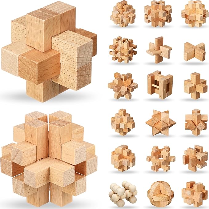 Suzile 20 Pcs Wooden Brain Teaser Puzzles Small 3D Wooden Puzzles Wood Block Puzzle Logic Box Lock Mind IQ Test Removing Assembling for Adults