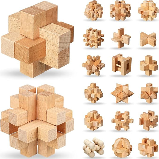 Suzile 20 Pcs Wooden Brain Teaser Puzzles Small 3D Wooden Puzzles Wood Block Puzzle Logic Box Lock Mind IQ Test Removing Assembling for Adults