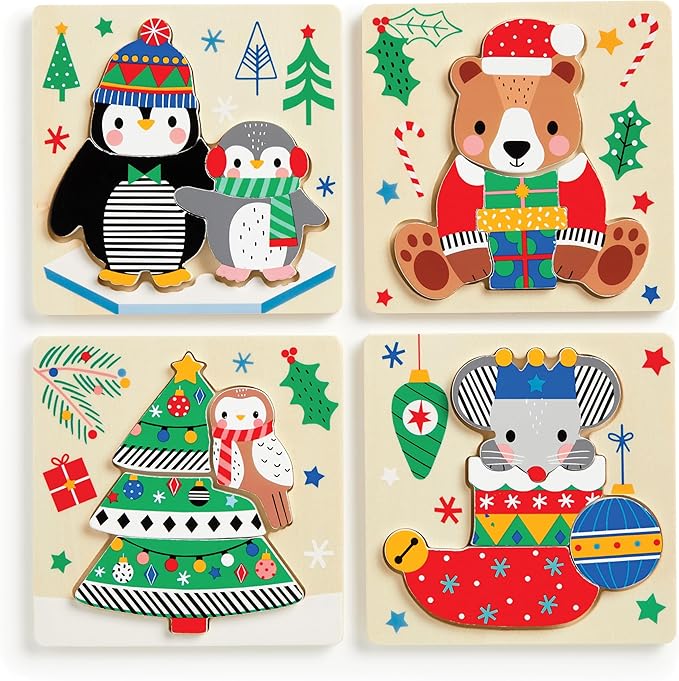 Mudpuppy Festive Friends – Set of 4 Wooden 4 Piece Puzzles Featuring A Colorful Christmas Scene with Adorable Characters Perfect for Toddlers