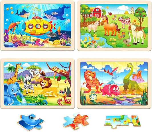 Wooden Puzzles for Kids Ages 4-6, 24 Pieces Dinosaur, Undersea, Wildlife, Farm Jigsaw Puzzles for Kids Ages 3-5. 4 Pack Toddler Puzzles Toys for Boys and Girls Ages 3,4,5,6 Year Old