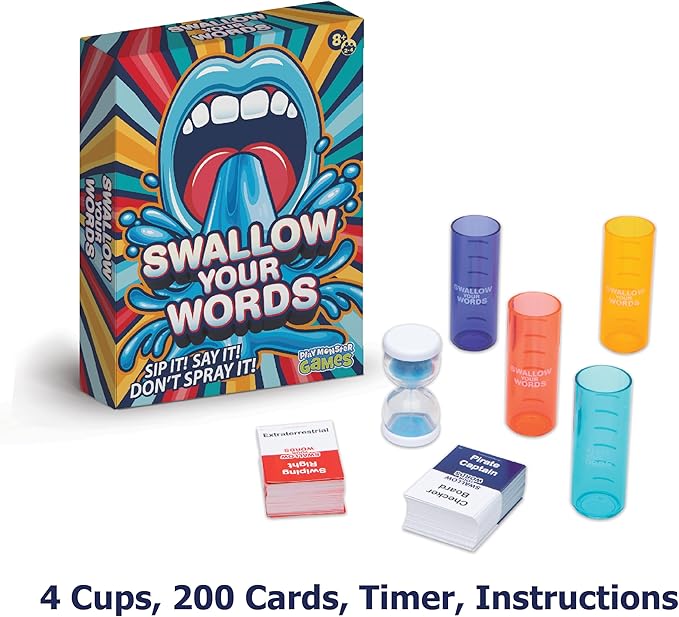 PlayMonster Swallow Your Words Card Games - Board Game for Family Game Night, Sip It, Say It, Don't Spray It, Multiplayer Game, Guess The Phrase Before The Timer Runs Out, Ages 8+