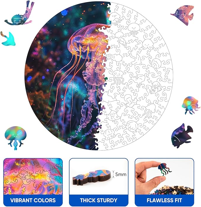 Ruikiyart Wooden Puzzles for Adults, 5MM 500 Pieces Jellyfish Wooden Jigsaw Puzzles, Sea Animals Unique Shapes Puzzles, Gift for Kids and Adults on Birthday, Thanksgiving, Christmas (16.7" x 16.7")