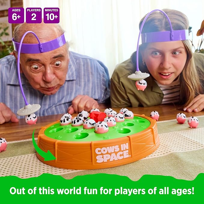 WHAT DO YOU MEME? Cows in Space by Relatable – A Kid-Friendly Pick for 2 Player Kids Games, and Fun Games – Includes 2 UFO Headbands, 1 Electronic Spinning Base, 21 Cows, and Instructions