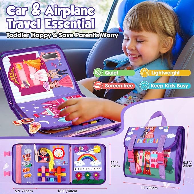 FREYBLI Toddler Busy Board, Montessori Toys for Girl Birthday Gift, Educational Quiet Activity Busy Book for Toddlers, Airplane Car Travel Toys