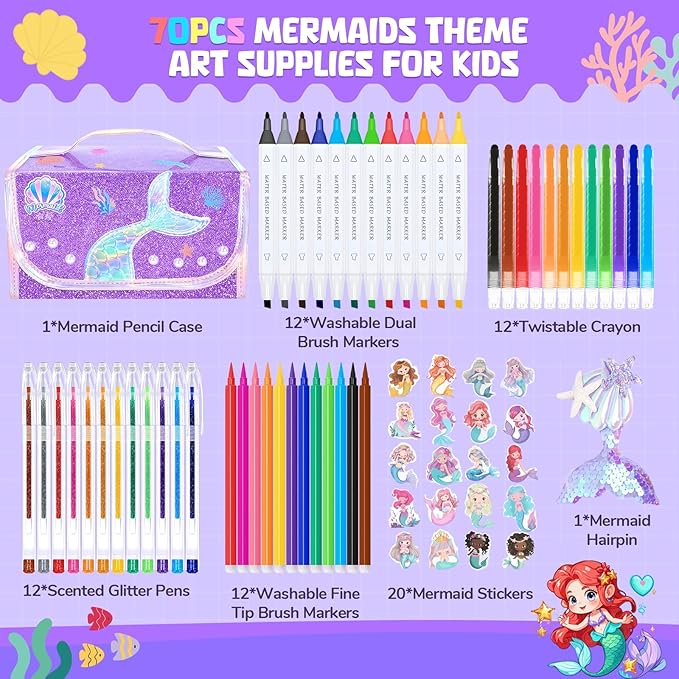 70PCS Mermaid Washable Markers Set with Glitter Pencil Case,Art Supplies for Kids Ages 4-6-8,Drawing Coloring Art Craft Kits for Girls with Marker,Glitter Pens,Crayon,Birthday Gifts Toys for Girls