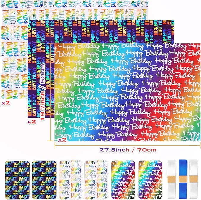 Wrapping Paper Birthday Wrapping Paper Sheets Hradient Multi-colour Happy Birthday Paper Set Include Bday Gift Wrap withTags & Ribbon,Present wrap for Boys Men Girls Women
