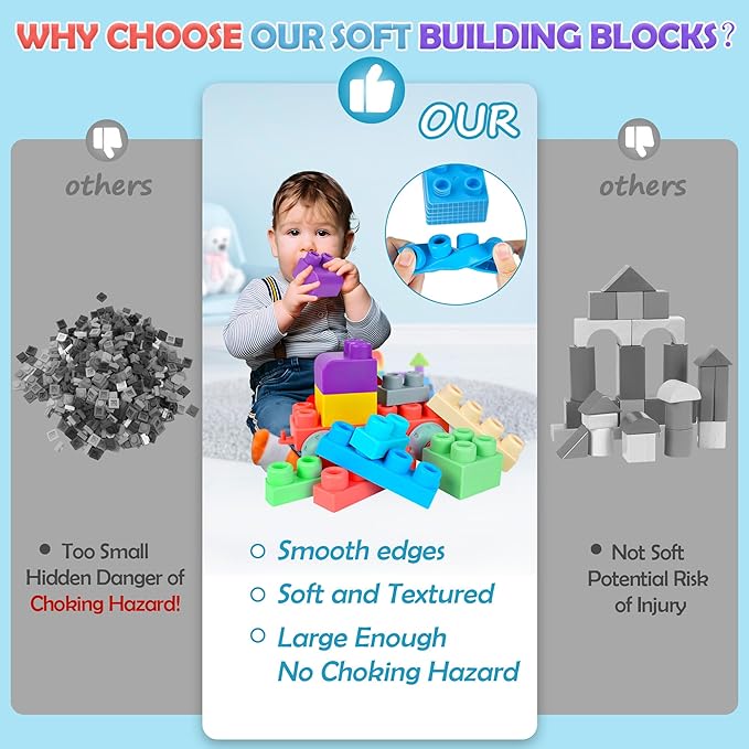 Baby Soft Blocks Set, Big Building Block Toys, Soft Rubber Blocks for Babies 6 Months and Up STEM Educational Toddler Gifts, Baby Soft Blocks Sensory Stacking Toys, 80PCS