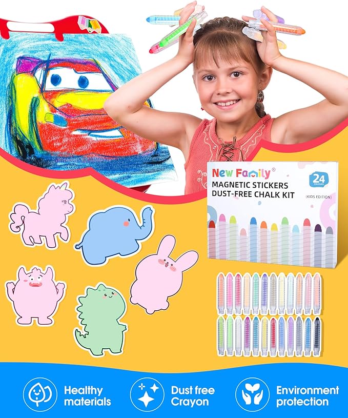NewFamily Kids Art Chalk Set - 24 Color Dustless Chalk with Cute Magnetic Drawing Board, Creative Gift for Boys and Girls
