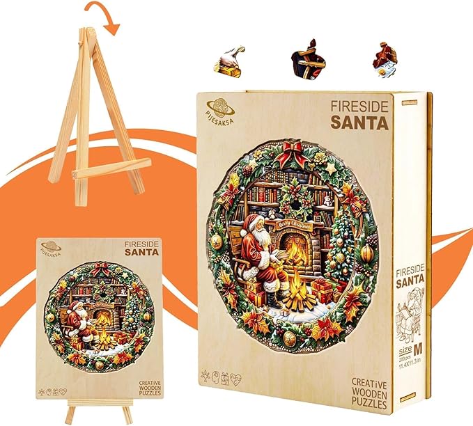 Christmas Best Gifts - Christmas Puzzle, Wooden Puzzles for Adults, Fireside Santa Wooden Jigsaw Puzzles for Adult, Xmas Wood Puzzles Adult, Round Gingerbread Puzzle (S-8.5 * 8.3in - 100 Pieces)