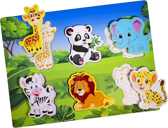 Wooden Peg Puzzle for Toddlers 1-3 Year Old,Funsland Puzzles Gifts Colorful Toys Cartoon Gifts,Zoo Animals Puzzles