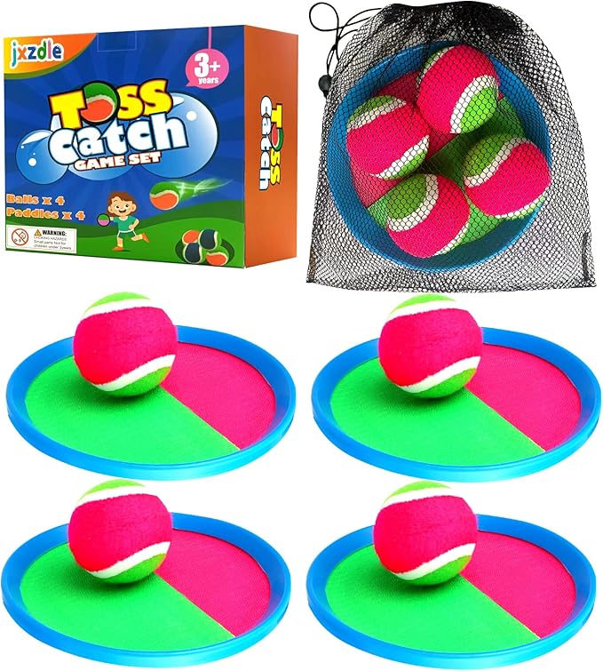 Toss and Catch Game Set - 4 Paddles, 4 Balls and 1 Storage Bag - Great Outdoor Toys/Gifts for Kids - Classic Beach and Yard Games (Green and Red)