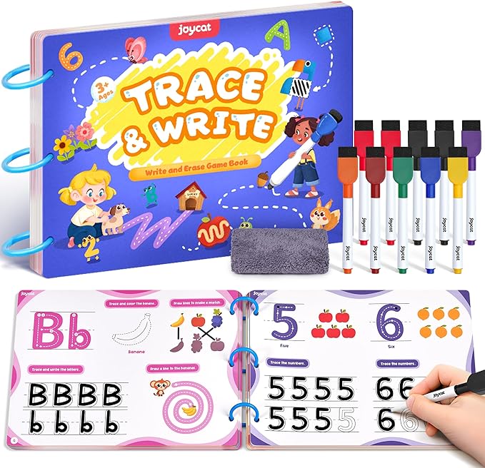 JoyCat Preschool Learning Activities 48 Reusable Pages, Handwriting Practice for Kids Toddlers, Tracing Letter Number Workbooks, Educational Autism Busy Book, Learning Gift Toys for 3 4 5 Year Olds