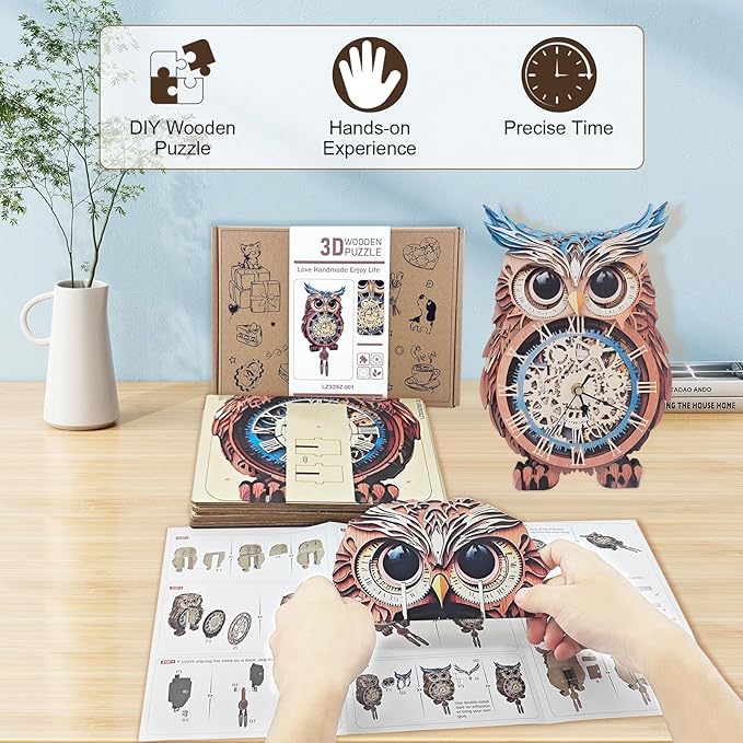 Kosmickiss 3D Wooden Puzzles for Adults, Owl Wooden Clock, DIY Model Building Kits for Adults, Owl Gifts for Women, Creative Decor for Home