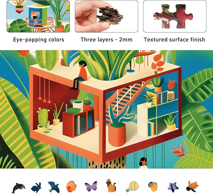 Shapes Jigsaw Green Tree House Puzzles for Adults 1000 Pieces, Unique Shaped Hard Puzzle with Color on Back, Plants Puzzle for Game Night Family Friend, 19.2 x 26.6 Modern Nordicism Art