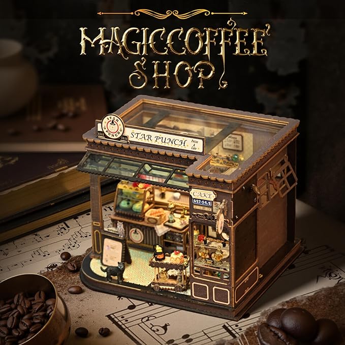 [2025 New] Coffee Shop Miniature House Kit with LED Light, Book Nook Kit with Cover for Birthday, 3D Wooden Bookends Puzzle Bookshelf Decor Building Kit Birthday Gifts for Family, Friends