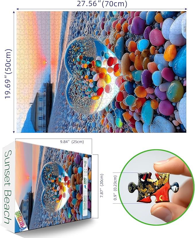 Beach Sunset Heart Jigsaw Puzzle 1000 Pieces for Adults Colorful Pebbles Coastal Scene Challenging Puzzle Games Premium 1000-Piece Puzzle for Game Night or Gift