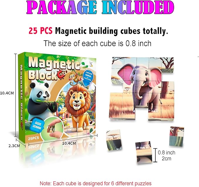 Magnetic Blocks Building Toy,Ritastar 25pcs Mine Stacking Magnet Build Cubes Cartoon Pattern World,STEM Sensory Construction Toys for Kids Gift,Educational Jigsaw Puzzle Set with 3D Zoo Animal Designs