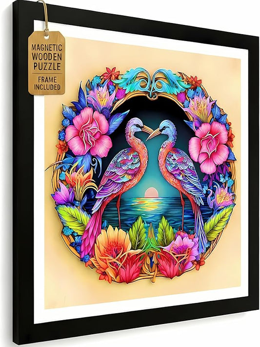 Magnetic Wooden Jigsaw Puzzles with Frame - Wooden Animal Puzzle for Adults 200 Piece - Rompecabezas para Adultos - Living Room Wall Decoration - Original Christmas Birthday Gift (Romantic Birds)