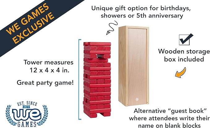 WE Games Wooden Block Stacking Party Game for Adults, Tumble Tower Wedding Guest Book Alternative, Tabletop Games, Includes Storage Case, 12 inches