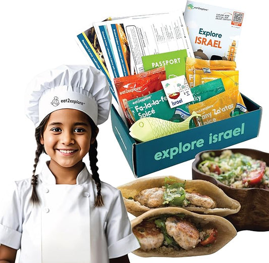 eat2explore Kids Interactive & Educational Real Cooking Set for Families | Includes 3 Local Recipe Cards with Key Ingredients, Cooking Tools, Fun Kids Explorer Guide | Explore Israel Kit