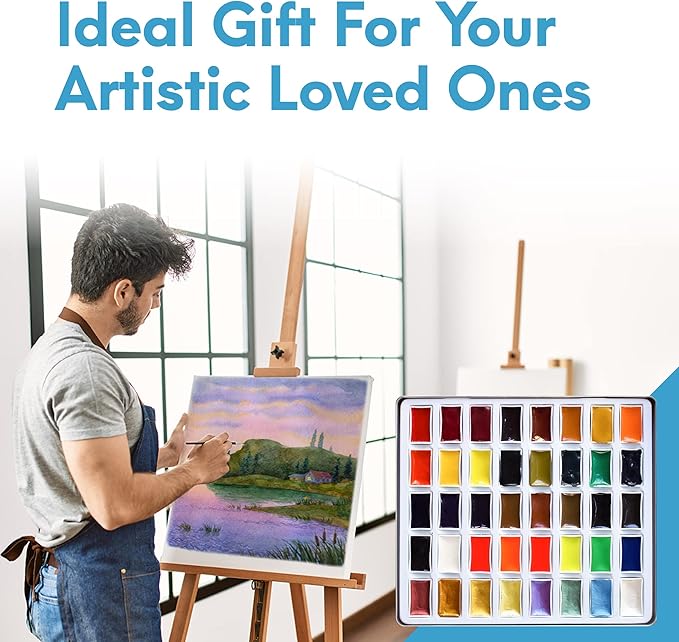 Mozart Premium Japanese Watercolor Paint Set - 40 Rich Colors with Metallic, Neon Pans - Artist-Quality Set for Adults, Kids & Students - Water Color - Metallic Watercolor Paints