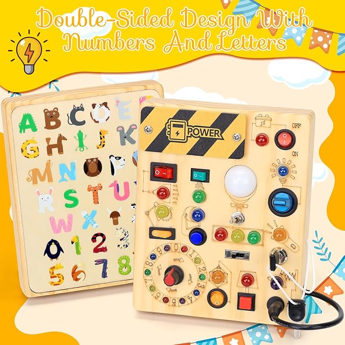 RichBoy Busy Board for 1-3 Year Old, 37 in 1 LED Light Up Wooden Sensory Montessori Switch Board Toy for Toddlers Travel Gift (6.7" x 5.3")