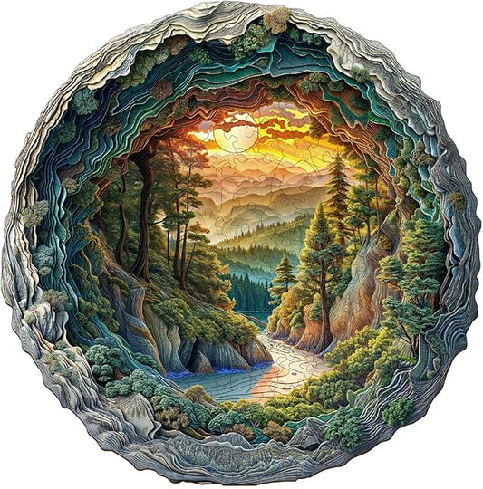 Wooden Puzzles for Adults, 3D Vision Effects Cave Forest Wooden Jigsaw Puzzle, Unique Shaped Wood Puzzles Adult, Hill Sunset Forest Trail Landscape Puzzle, Fun Gifts & Home Decor (S-8.5*8.4in-100pcs)