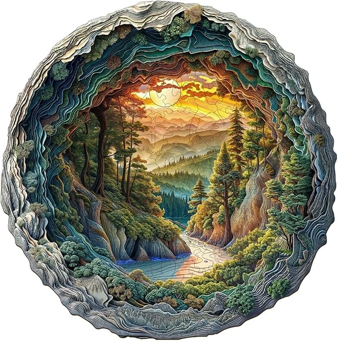 Wooden Puzzles for Adults, 3D Vision Effects Cave Forest Wooden Jigsaw Puzzles for Adults, Unique Shaped Wood Puzzle, Hill Sunset Forest Trail Landscape Puzzle, Home Decor (L-13.4 * 13.3in -300 pcs)