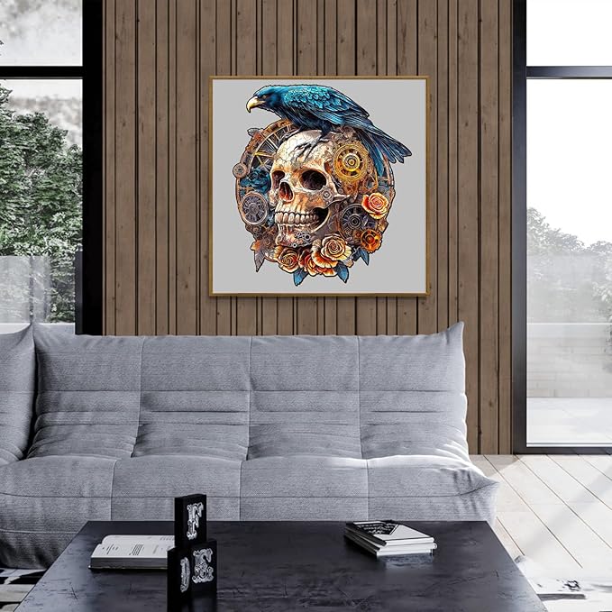 KAAYEE Wooden Puzzles for Adults, 3D Visual Effect Raven & Mechanical Skull Wooden Jigsaw Puzzle Unique Shape Wood Puzzle Adult, 3D Effect Flat Puzzle Birthday Family Games (M-11.4 * 10.1in-175pcs)