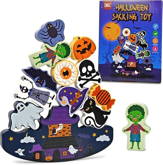 Vileafy Halloween Wooden Toys Figures Set for Kids Ages 3-5 – 12PCS Montessori Balance Stacking Toys for Toddlers 3 4 5 6 with Ghost, Witch, Pumpkin, Decorations & Fine Motor Toys