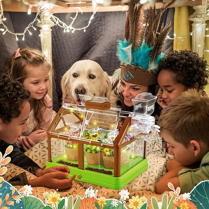 Kids Plant Growing Kit - Kids Greenhouse & Flower Growing Kit with Upgraded Irrigation & Grow Light – Perfect Gardening for Kids（Solar Green）