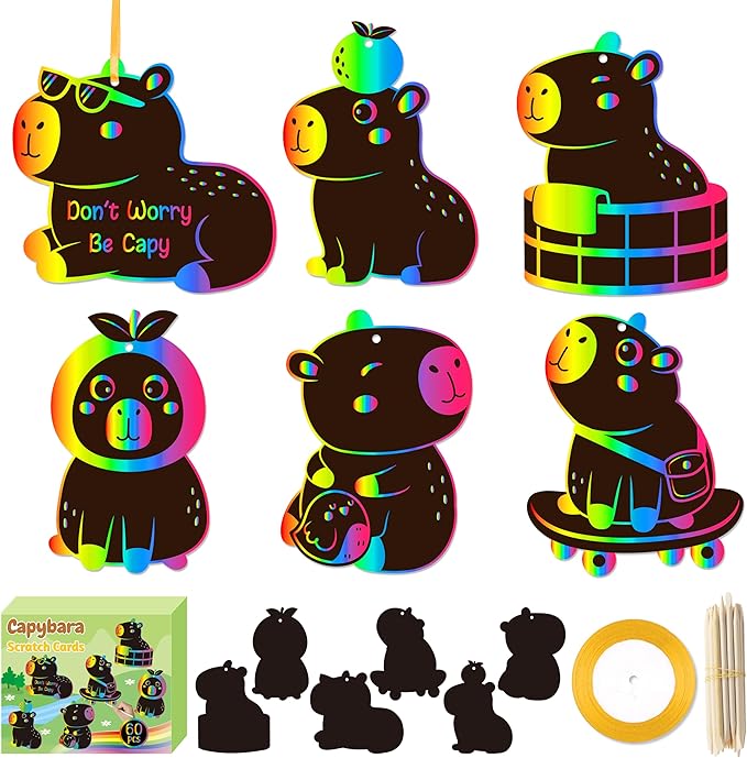 CY2SIDE Capybara Scratch Cards Ornaments - 60PCS DIY Fun Animal Scratch Paper Art for Kids School Activity, Cute Cartoon Kawaii Capybara Magic Art Rainbow Color Craft Decorations for Party Supplies