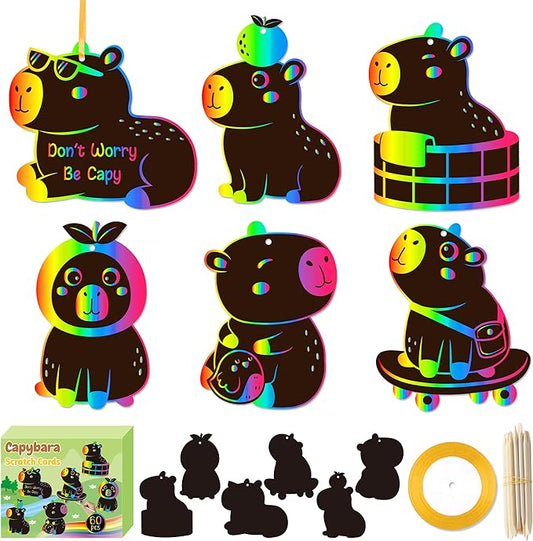 CY2SIDE Capybara Scratch Cards Ornaments - 60PCS DIY Fun Animal Scratch Paper Art for Kids School Activity, Cute Cartoon Kawaii Capybara Magic Art Rainbow Color Craft Decorations for Party Supplies