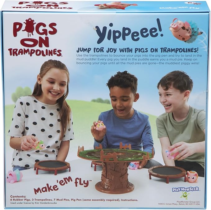 PlayMonster Pigs on Trampolines Board Games – Multi-Player, Preschool Toys, Hand-Eye-Coordination Game, The Muddiest Pig Wins, Ages 6+