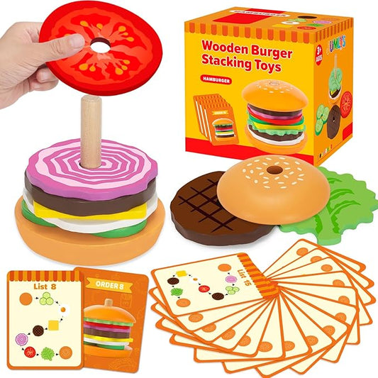 Jumlys Montessori Wooden Burger Stacking Toys for 2, 3, 4, 5 Year Olds, Fine Motor Toys for Kids Boys Girls, Ideal Preschool Educational and Learning Toys, Perfect Christmas Birthday Gifts
